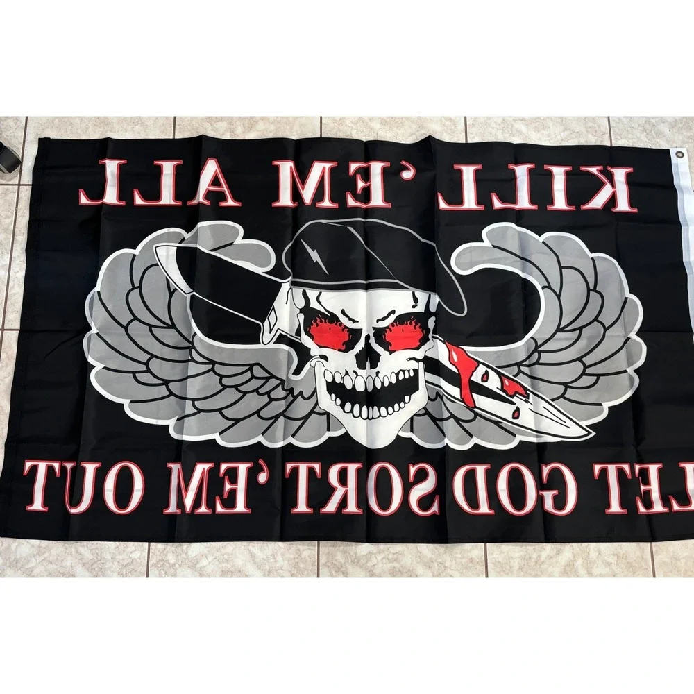 Kill Em All Flag Let God Sort Em Out US Military Skull Dagger Wings 3x5 F1308